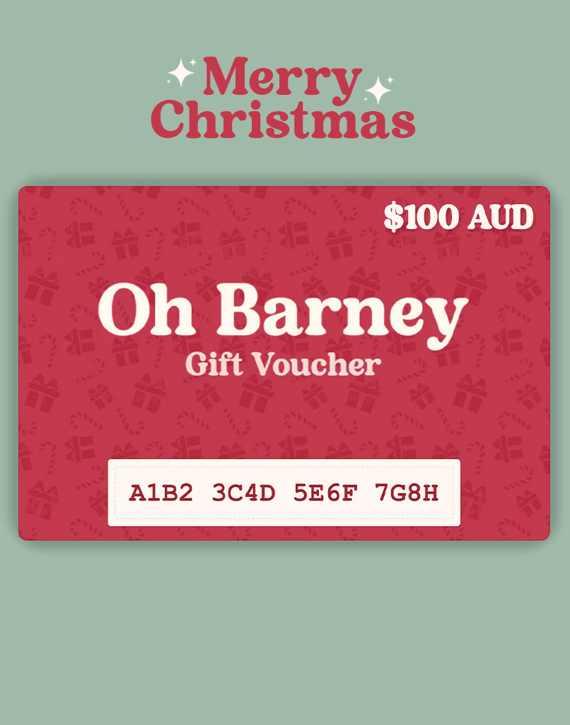 A digital image of an Oh Barney gift voucher for Christmas with a red background, text, and design elements indicative of the festive season.