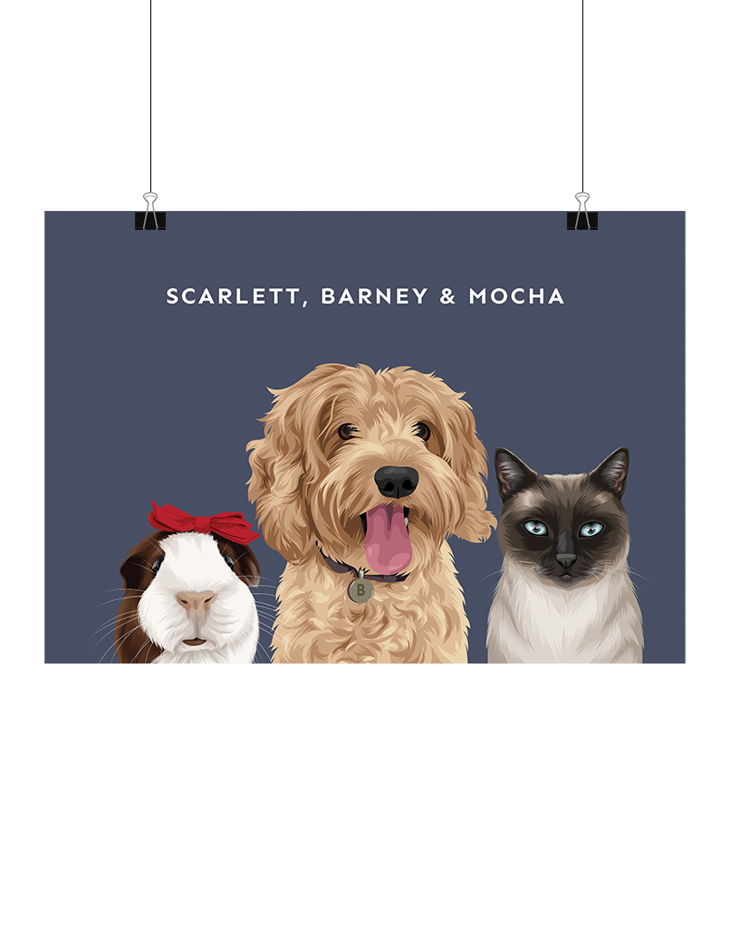 Hand-illustrated three-pet artwork featuring Scarlett, Barney & Mocha on a navy background, unframed – digital personalised pet portrait by Oh Barney Australia