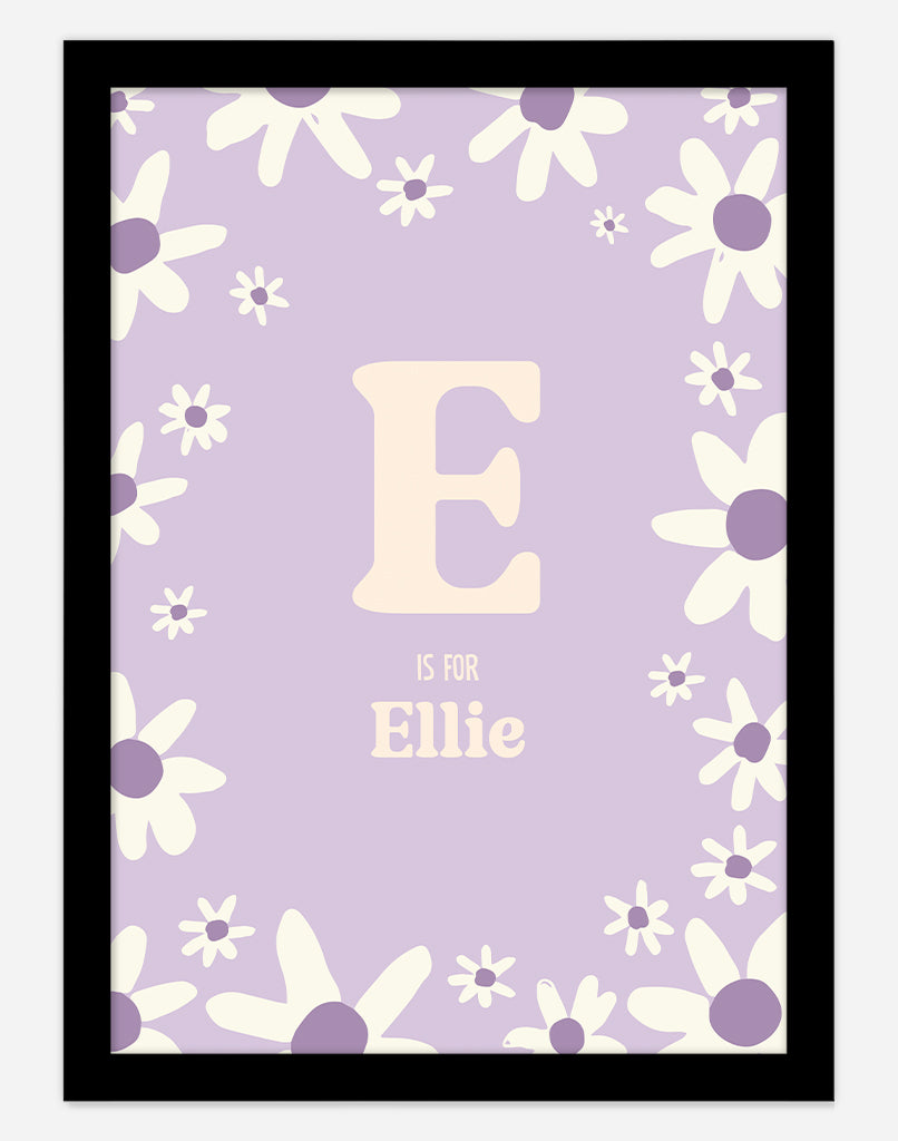 Personalised Daisy Name Print - A4 - Black Frame - Lavender Australia