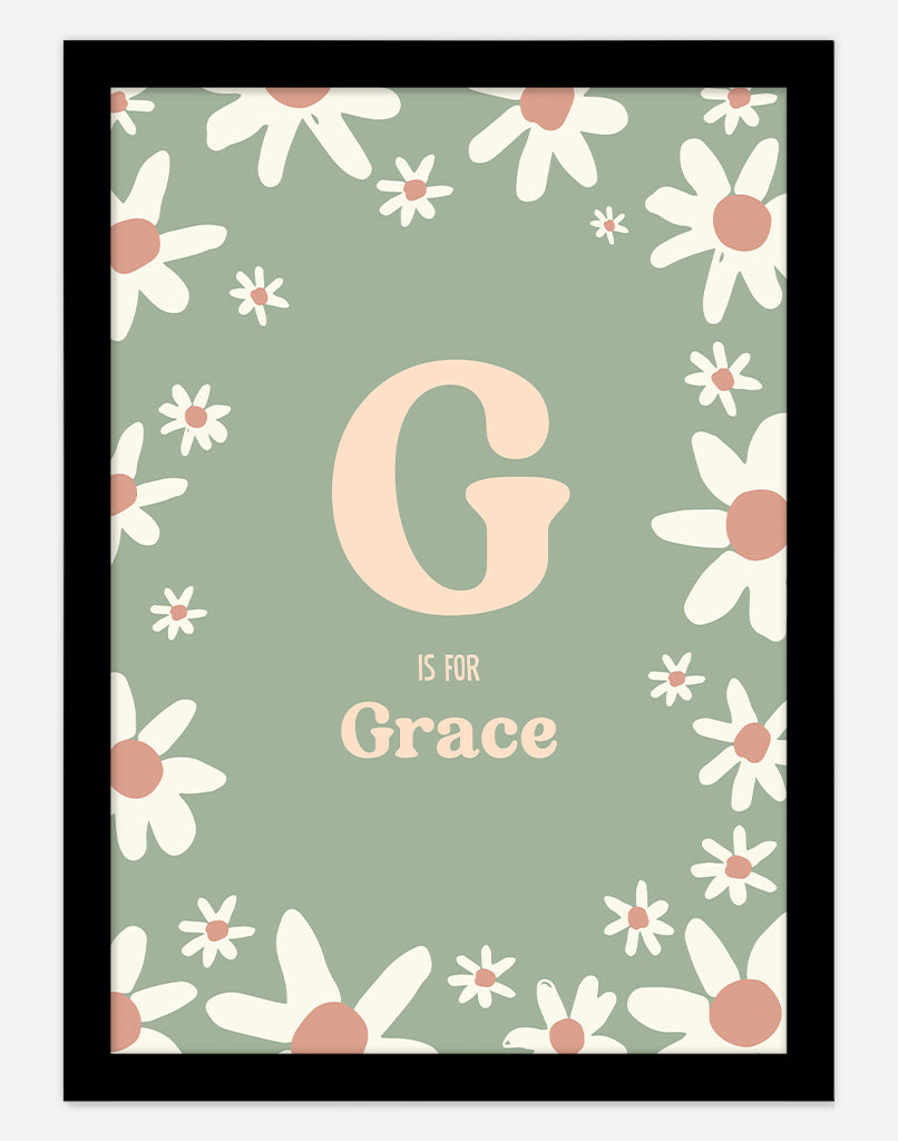Personalised Daisy Name Print - A4 - Black Frame - Sage Australia