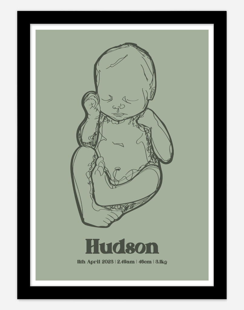 Custom Birth Poster - A4 - Black Frame - Sage Australia