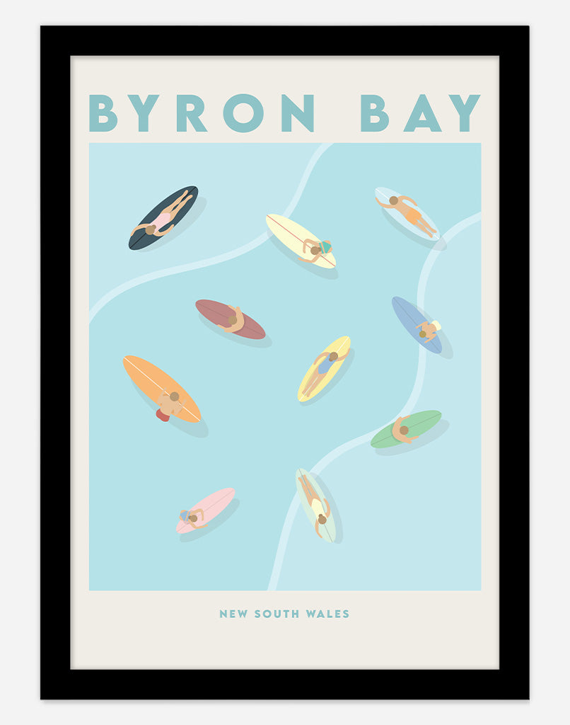 Surf Town Australia Aerial Surf Print - A4 - Black Frame - Byron Bay Australia