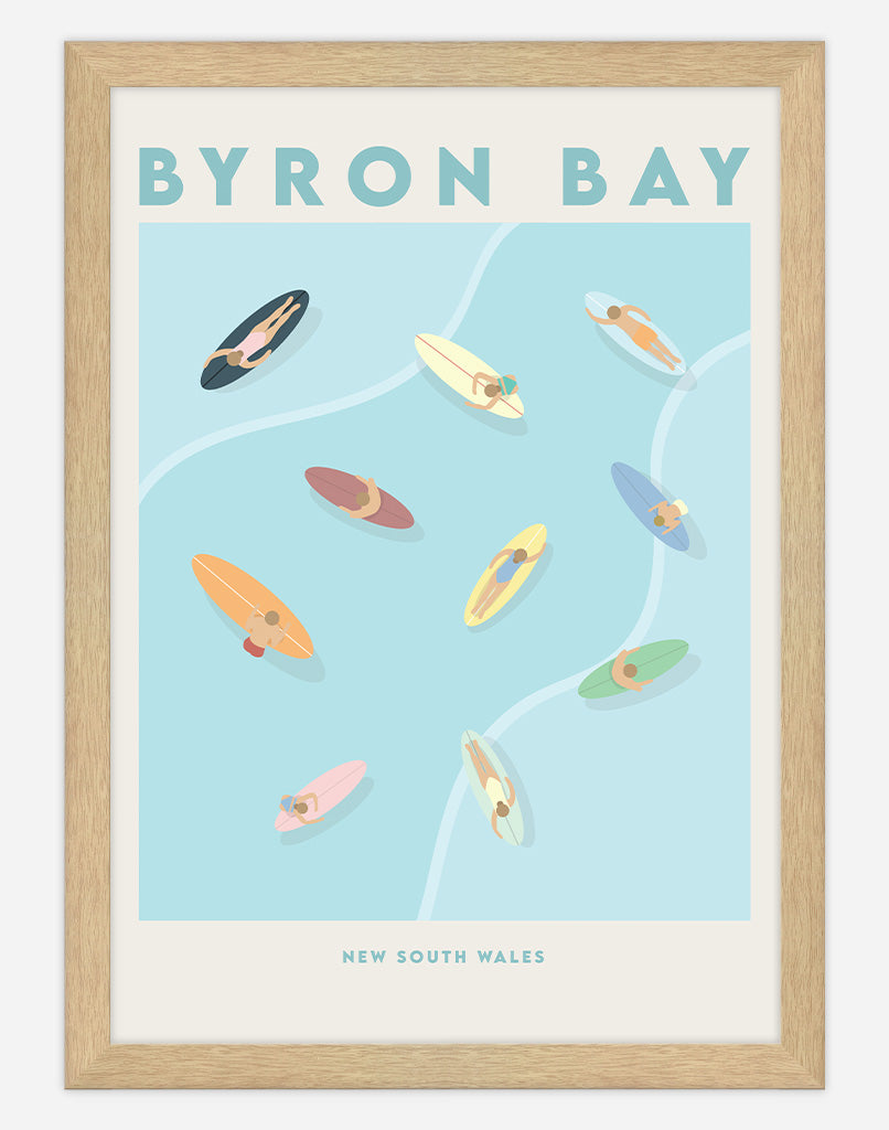 Surf Town Australia Aerial Surf Print - A4 - Timber Frame - Byron Bay Australia