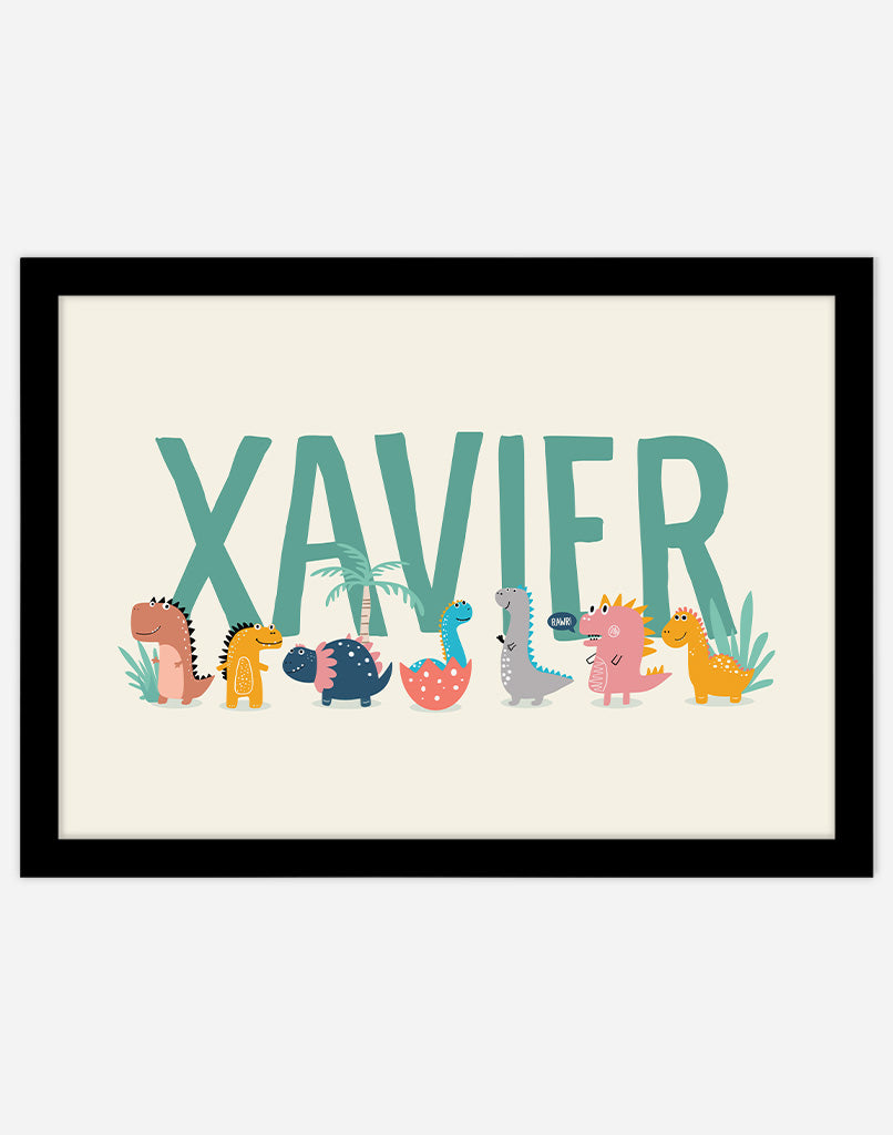 Personalised Dinosaur Name Print - A4 - Black Frame - Cream Australia