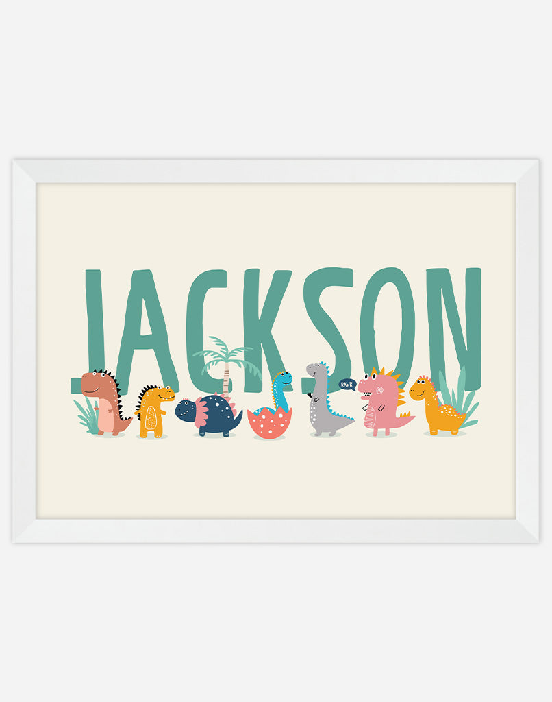 Personalised Dinosaur Name Print - A4 - White Frame - Cream Australia