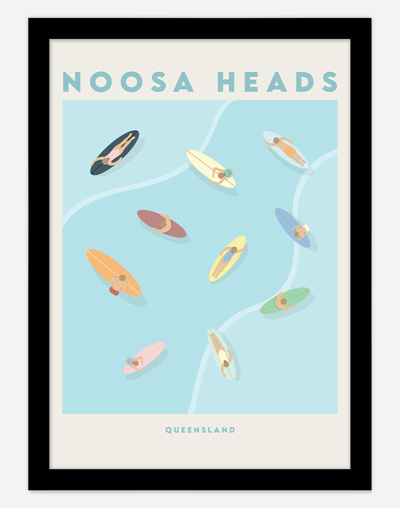 Surf Town Australia Aerial Surf Print - A4 - Black Frame - Noosa Heads Australia