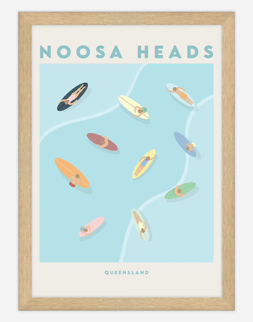 Surf Town Australia Aerial Surf Print - A4 - Timber Frame - Noosa Heads Australia