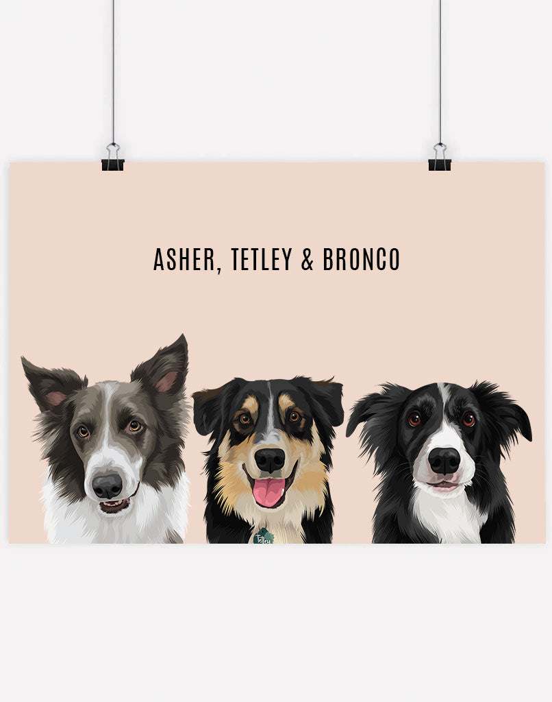 Custom Pet Portrait - Three Pets - A4 - Unframed - Australia