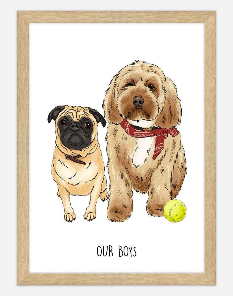 Custom Pet Portrait - Doodle Style - A3 - Timber Frame - Two Australia