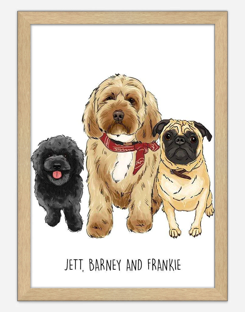 Custom Pet Portrait - Doodle Style - A4 - Timber Frame - Three Australia