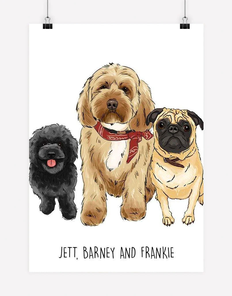 Custom Pet Portrait - Doodle Style - A4 - Unframed - Three Australia