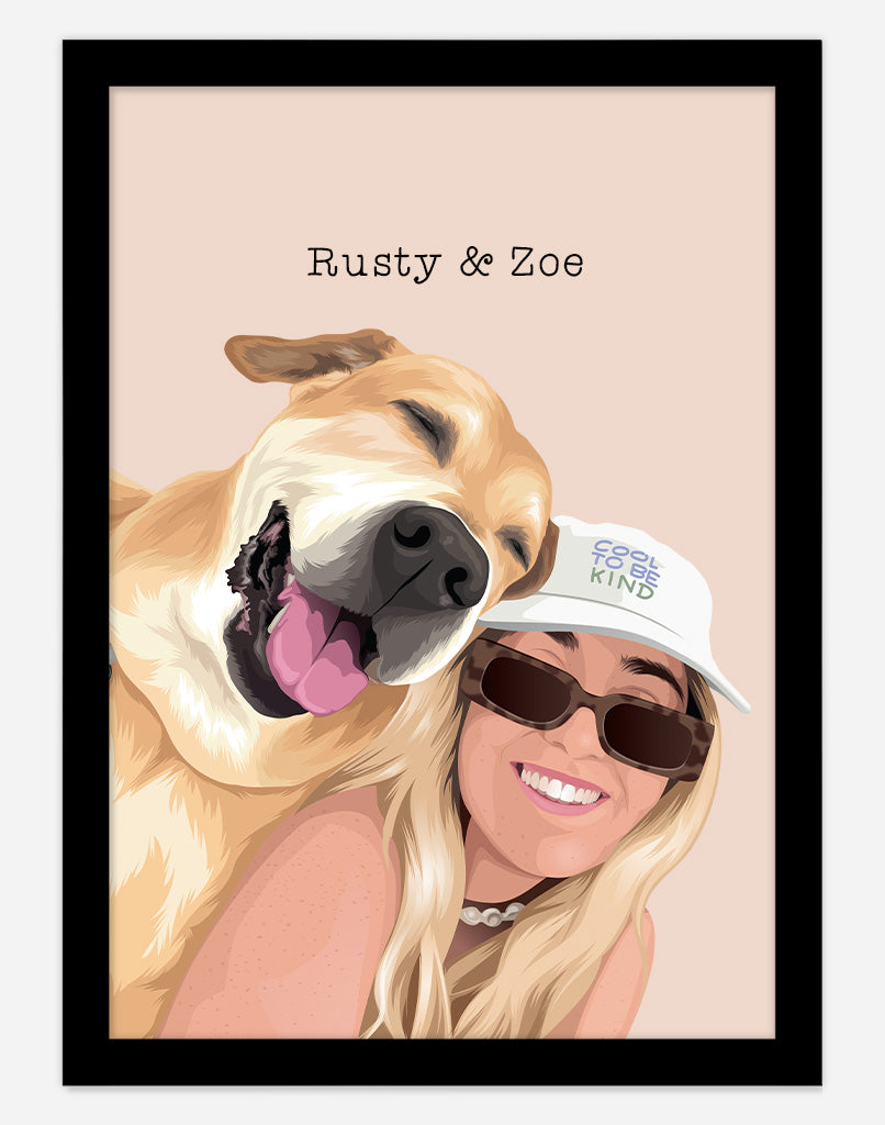 Custom Pet & Person Portrait - A3 - Black Frame - 1 Pet & 1 Person Australia