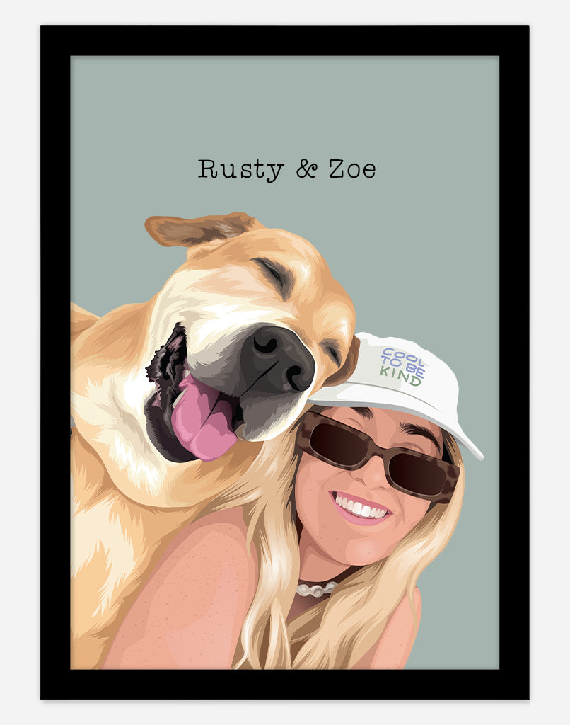 Custom Pet & Person Portrait - A3 - Black Frame - 1 Pet & 1 Person Australia