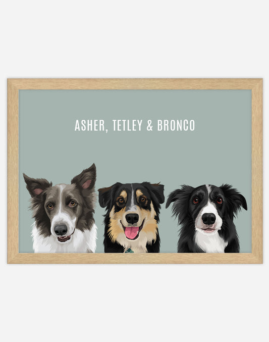 Custom Pet Portrait - Three Pets - A4 - Unframed - Australia