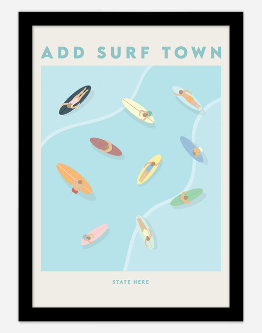 Surf Town Australia Aerial Surf Print - A4 - Black Frame - Add Your Own Australia