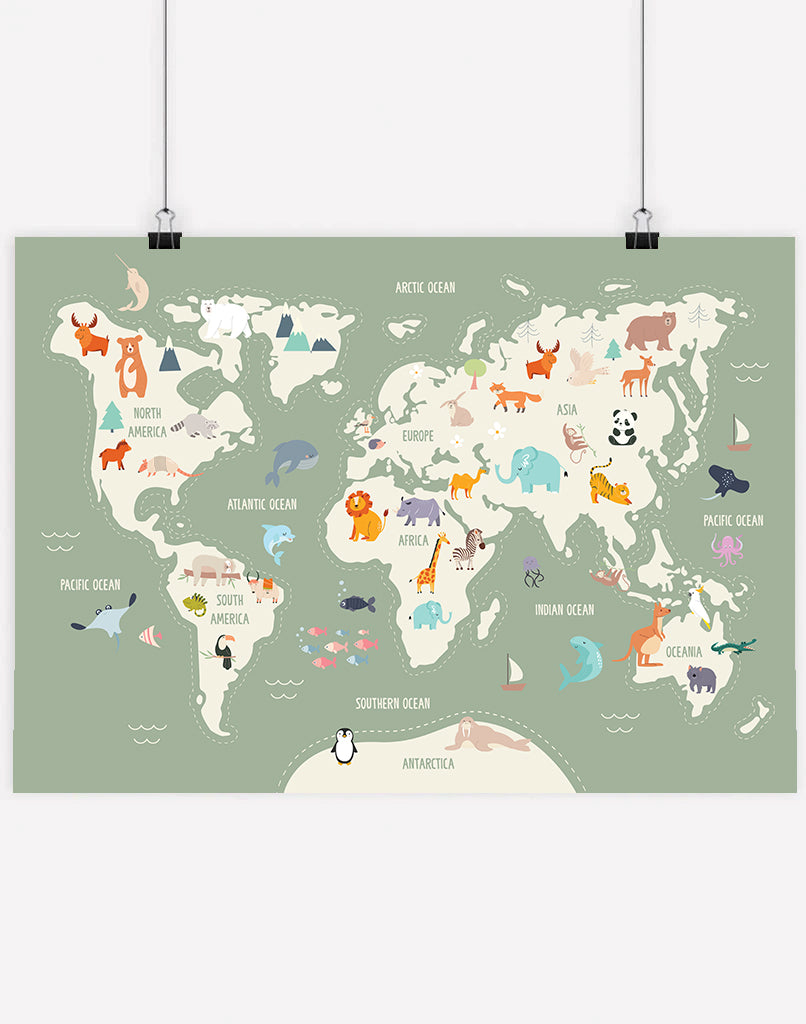 World Map Print with Animals - A4 - Unframed - Sage Australia