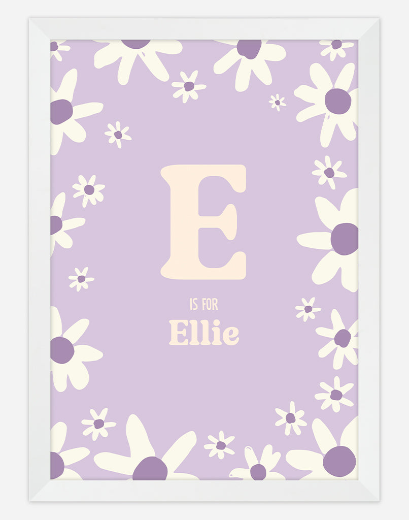 Personalised Daisy Name Print - A4 - White Frame - Lavender Australia