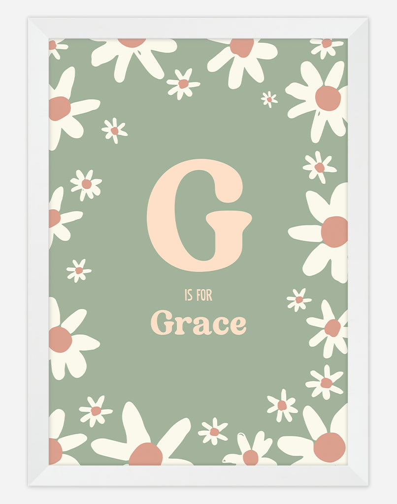 Personalised Daisy Name Print - A4 - White Frame - Sage Australia