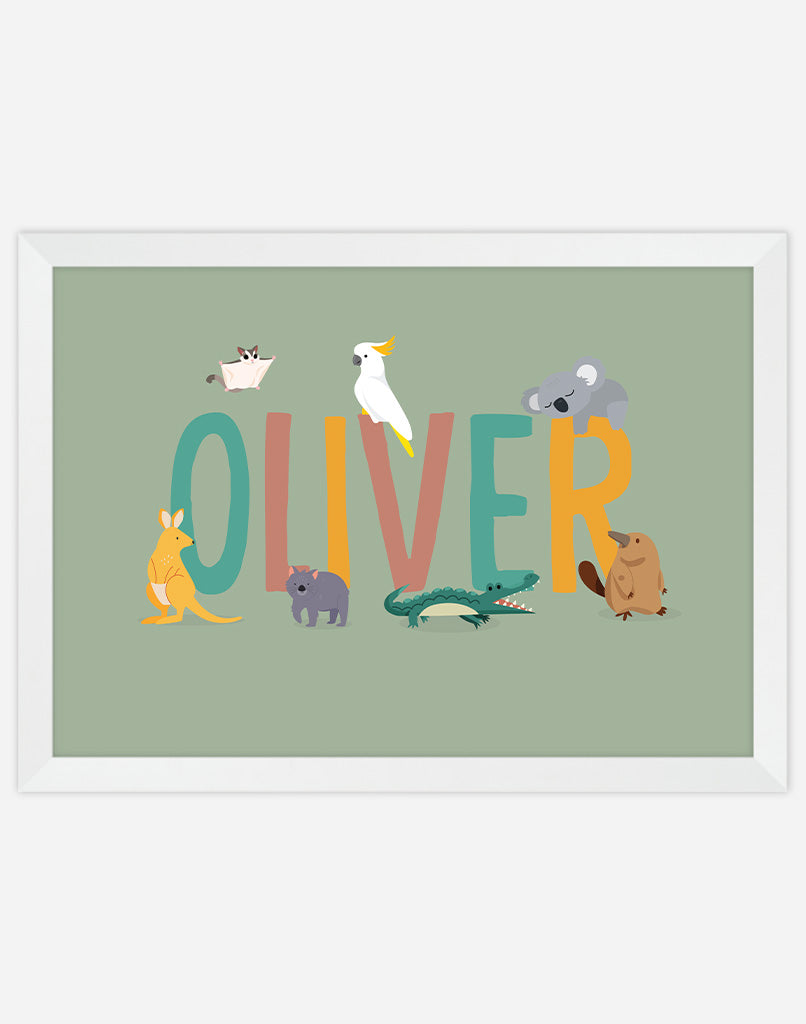 Personalised Australian Animal Name Print - A4 - White Frame - Sage Australia