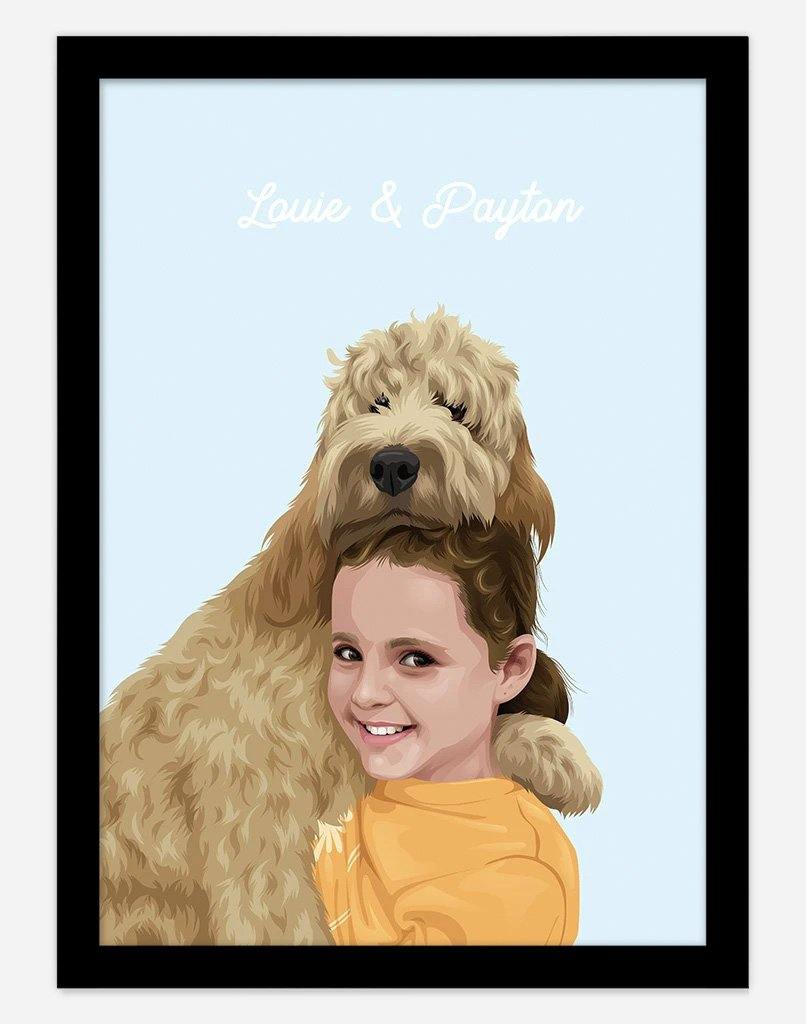 Custom Pet & Person Portrait - A3 - Black Frame - 1 Pet & 1 Person Australia
