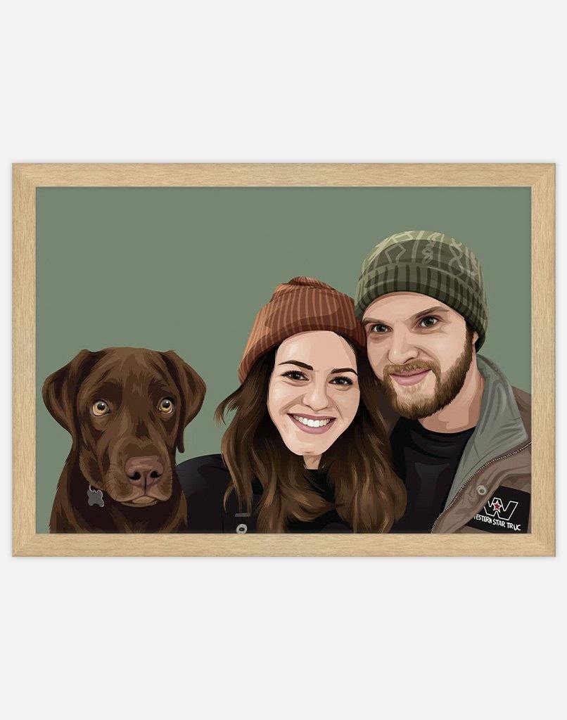 Custom Pet & Person Portrait - A3 - Timber Frame - 1 Pet & 3 People Australia