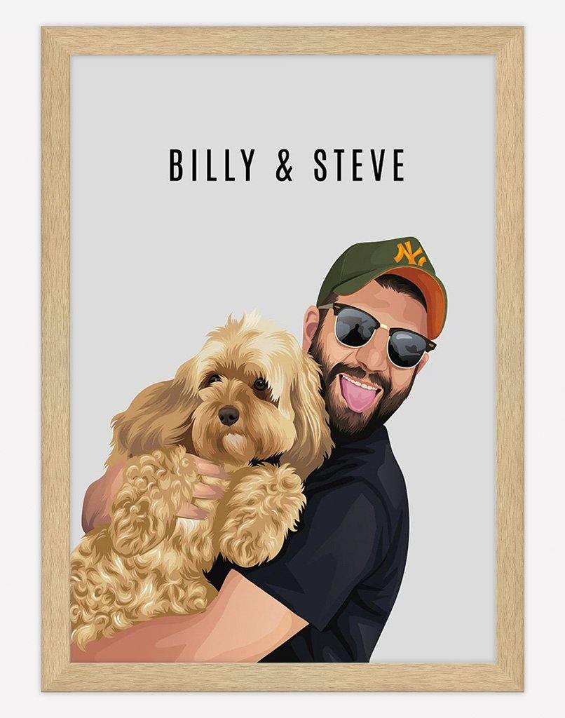 Custom Pet & Person Portrait - A3 - Timber Frame - 1 Pet & 1 Person Australia