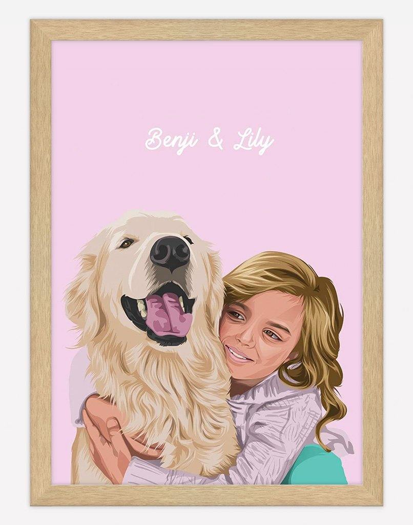 Custom Pet & Person Portrait - A2 - Timber Frame - 2 Pets & 1 Person Australia