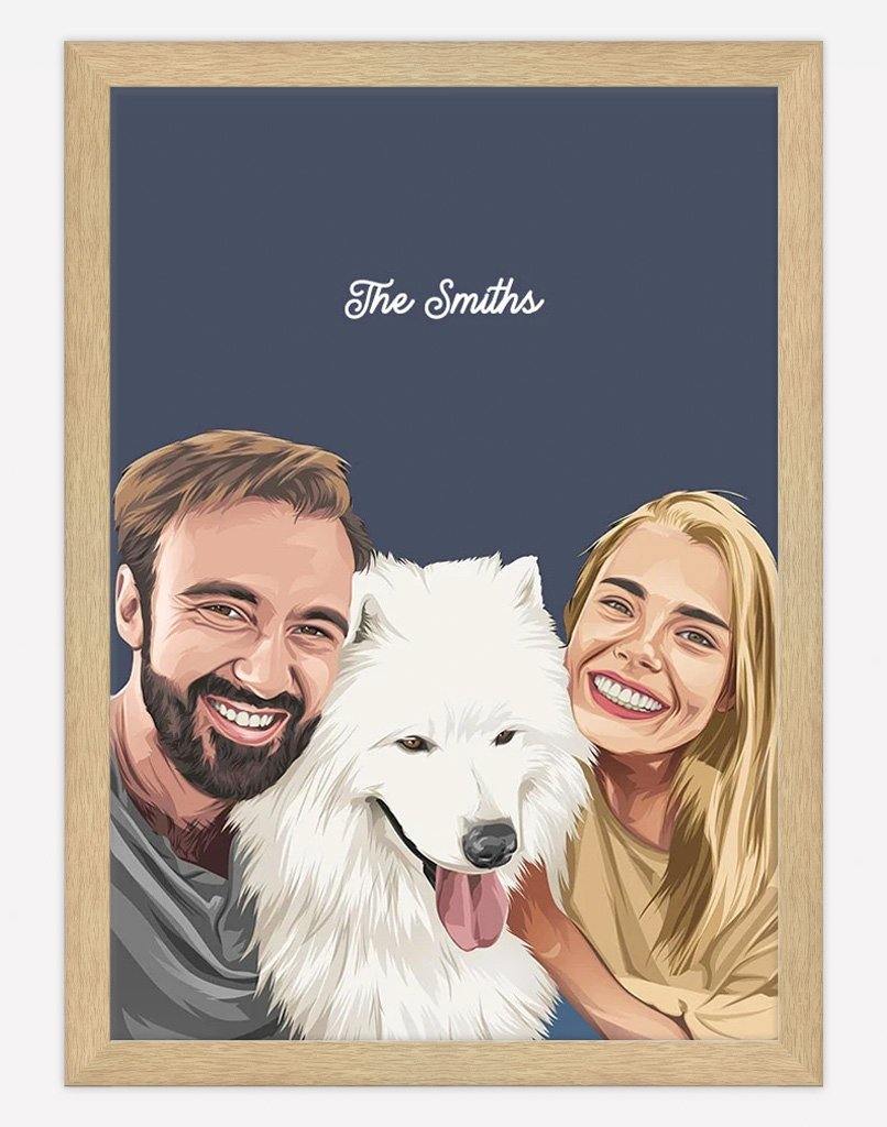 Custom Pet & Person Portrait - A3 - Timber Frame - 1 Pet & 2 People Australia