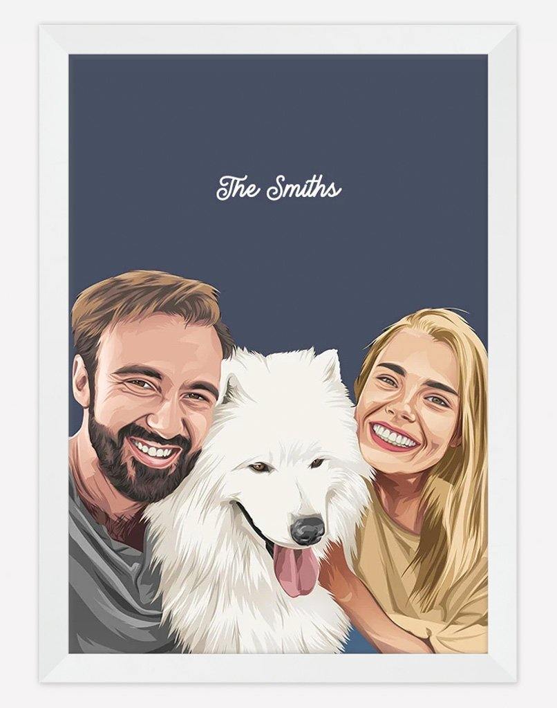 Custom Pet & Person Portrait - A3 - White Frame - 1 Pet & 3 People Australia