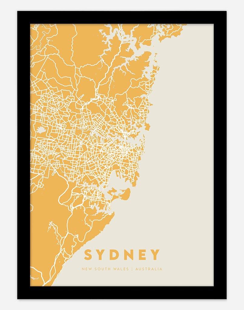 Sydney Map (Yellow) | Wall Art - A4 - Black Frame - Australia