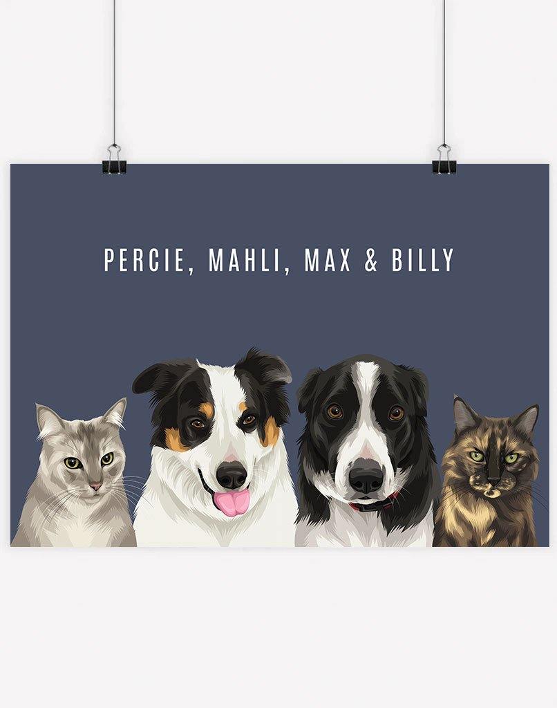 Custom Pet Portrait - Four Pet Portrait - A3 - Unframed - Australia
