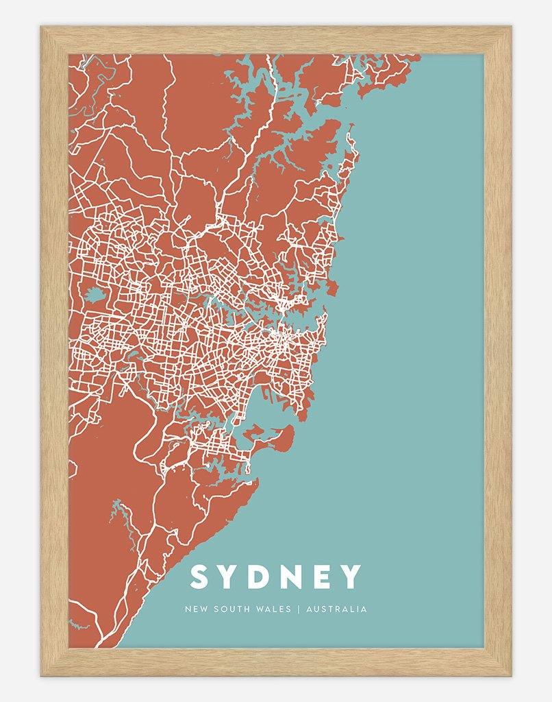 Sydney Map (Rust & Teal) | Wall Art - A4 - Timber Frame - Australia