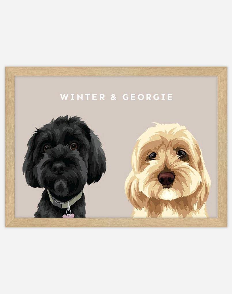 Custom Pet Portrait - Two Pet Portrait - A3 - Timber Frame - Australia