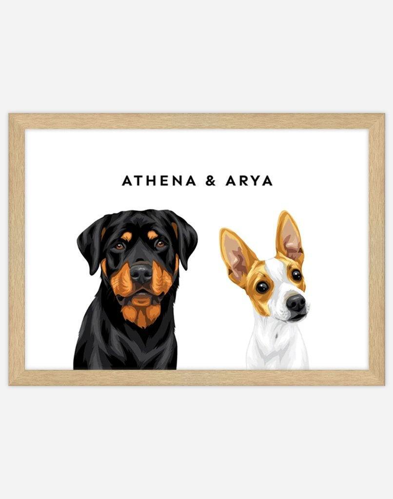Custom Dog Portrait - A4 - Timber Frame - 2 Dogs Australia