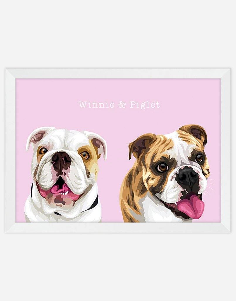 Custom Dog Portrait - A4 - White Frame - 2 Dogs Australia