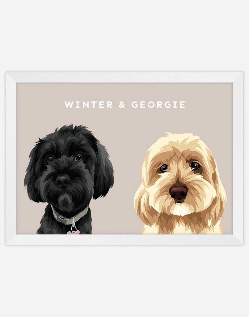 Custom Pet Portrait - Two Pet Portrait - A3 - White Frame - Australia