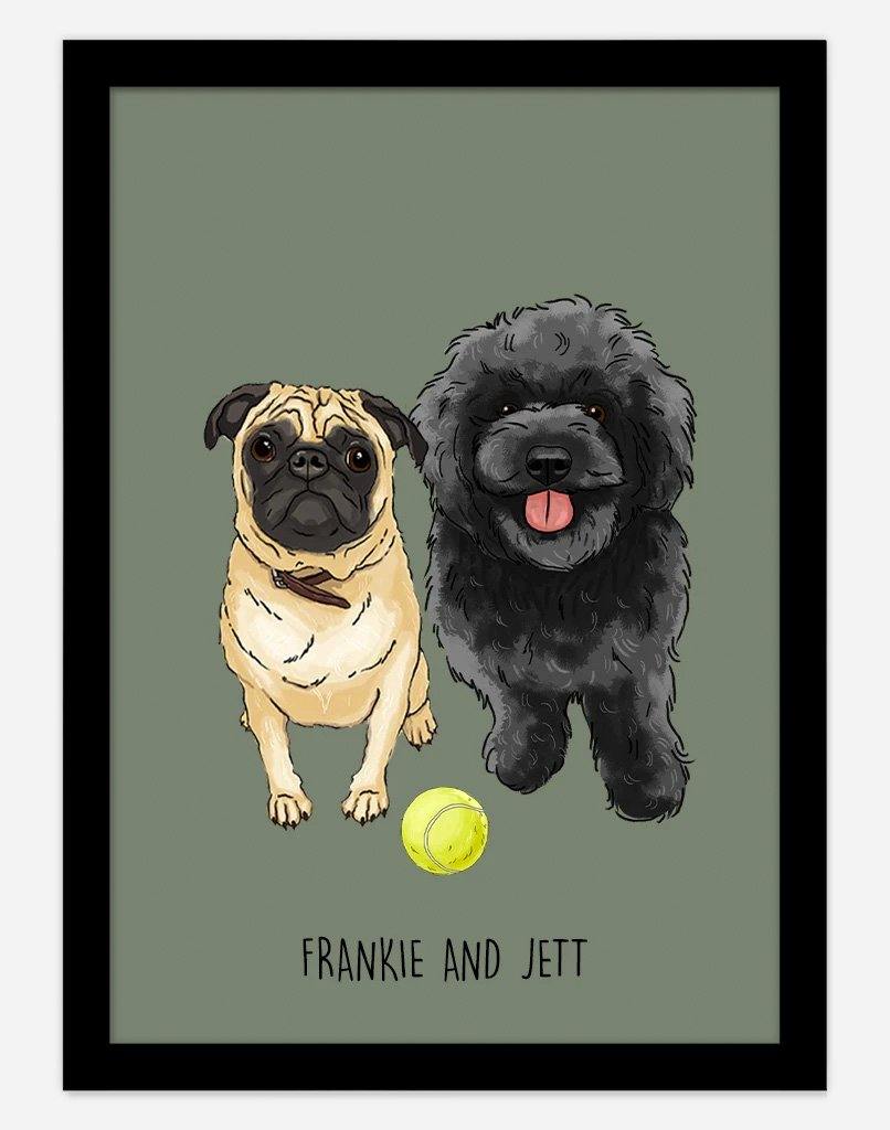 Custom Pet Portrait - Doodle Style - A3 - Black Frame - Two Australia