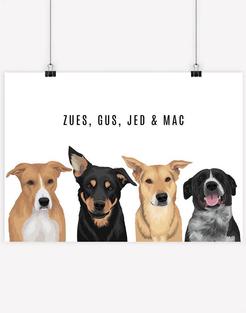 Custom Dog Portrait - A4 - Unframed - 4 Dogs Australia