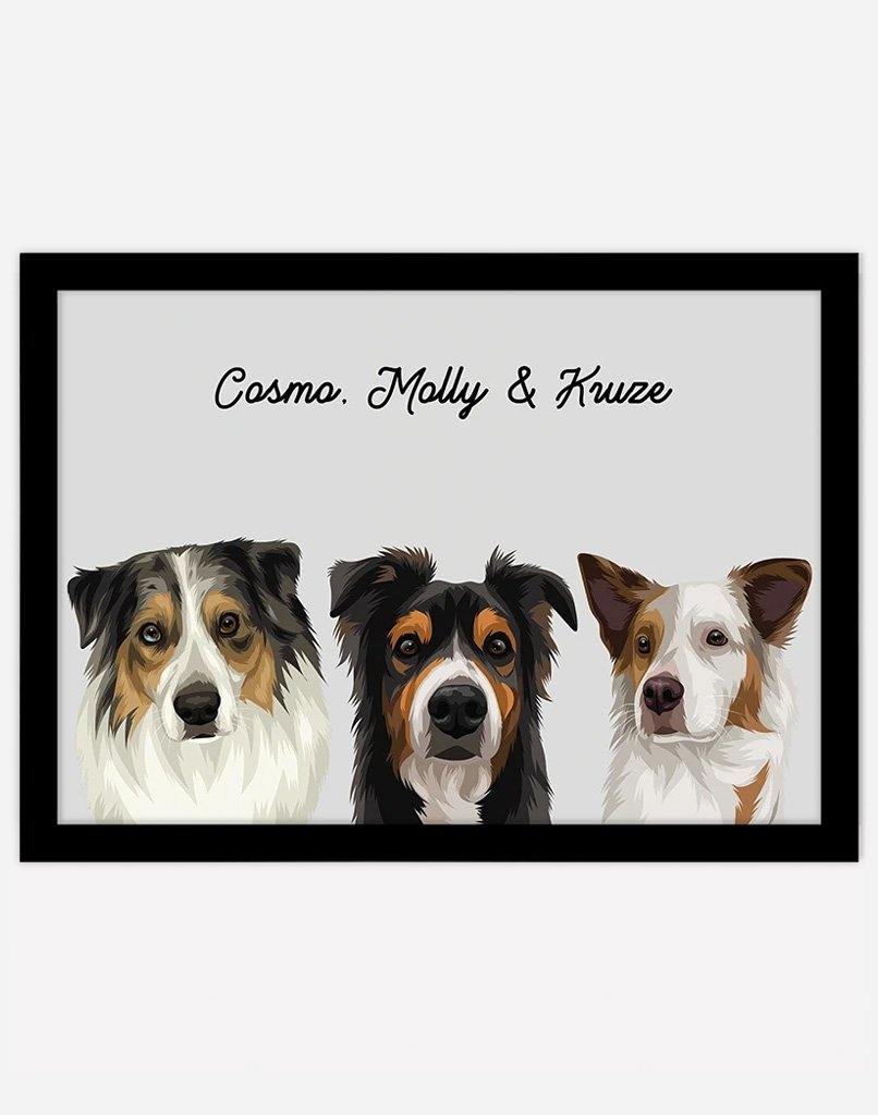 Custom Dog Portrait - A4 - Black Frame - 3 Dogs Australia