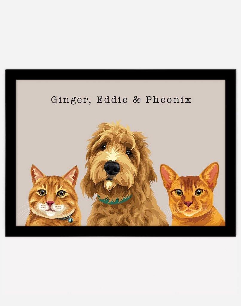 Custom Pet Portrait - Three Pets - A3 - Black Frame - Australia