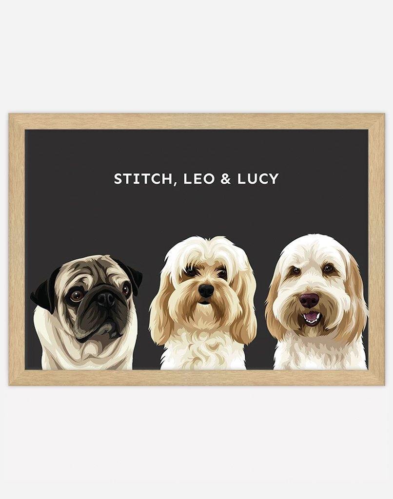 Custom Dog Portrait - A4 - Timber Frame - 3 Dogs Australia