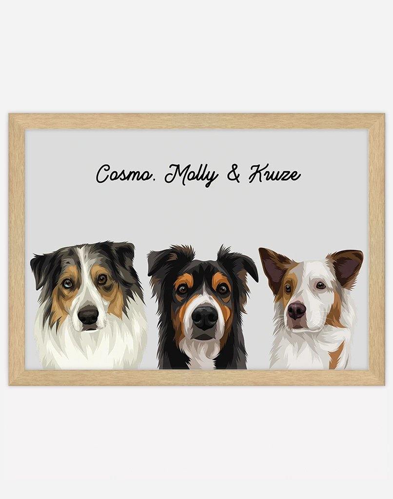 Custom Pet Portrait - Three Pets - A3 - Timber Frame - Australia