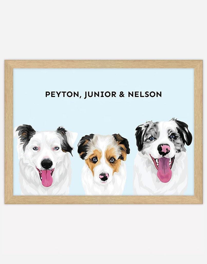 Custom Pet Portrait - Three Pets - A4 - Unframed - Australia