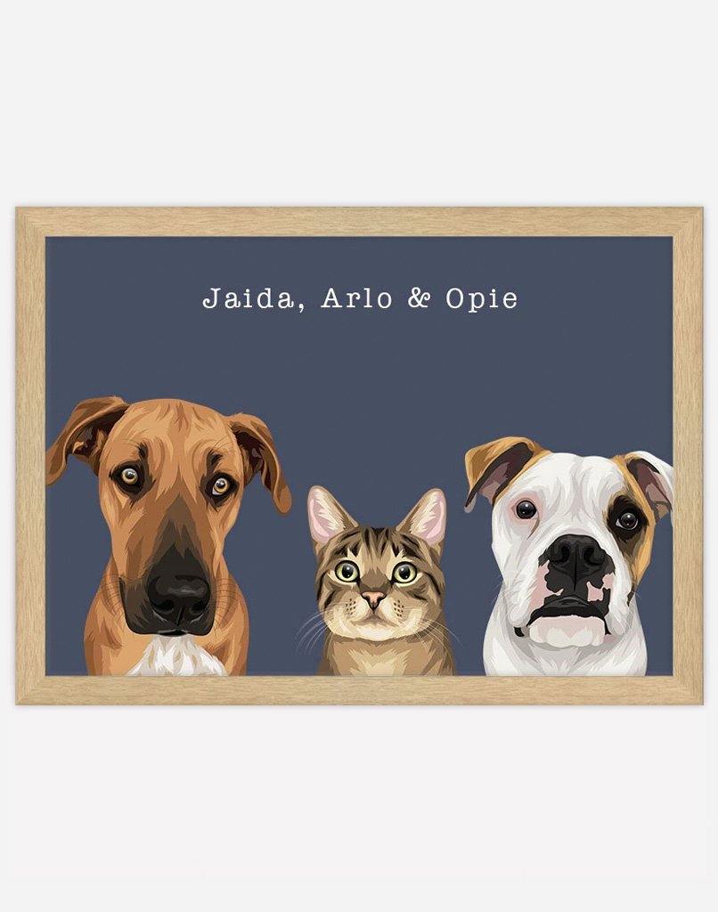 Custom Pet Portrait - Three Pets - A4 - Unframed - Australia