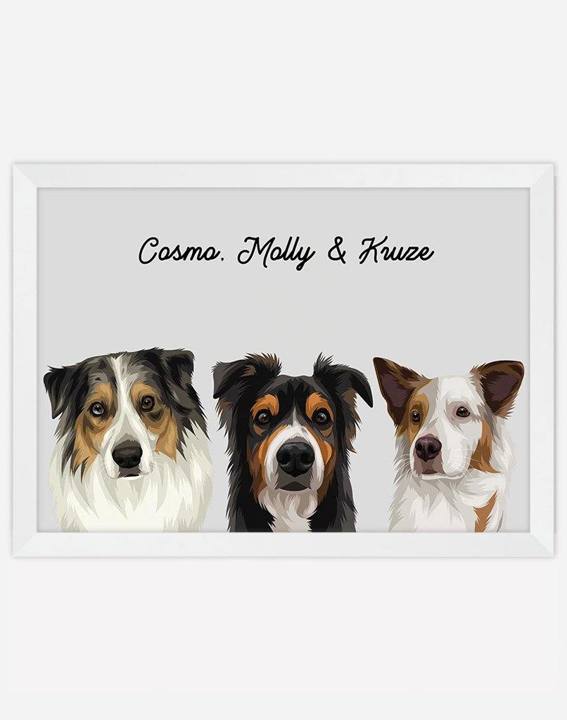 Custom Dog Portrait - A4 - White Frame - 3 Dogs Australia
