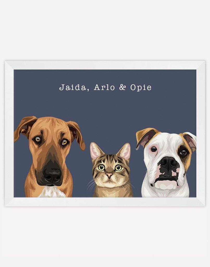 Custom Pet Portrait - Three Pets - A3 - White Frame - Australia