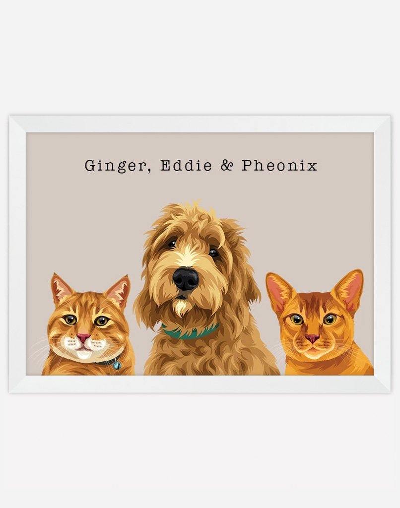 Custom Pet Portrait - Three Pets - A4 - Unframed - Australia