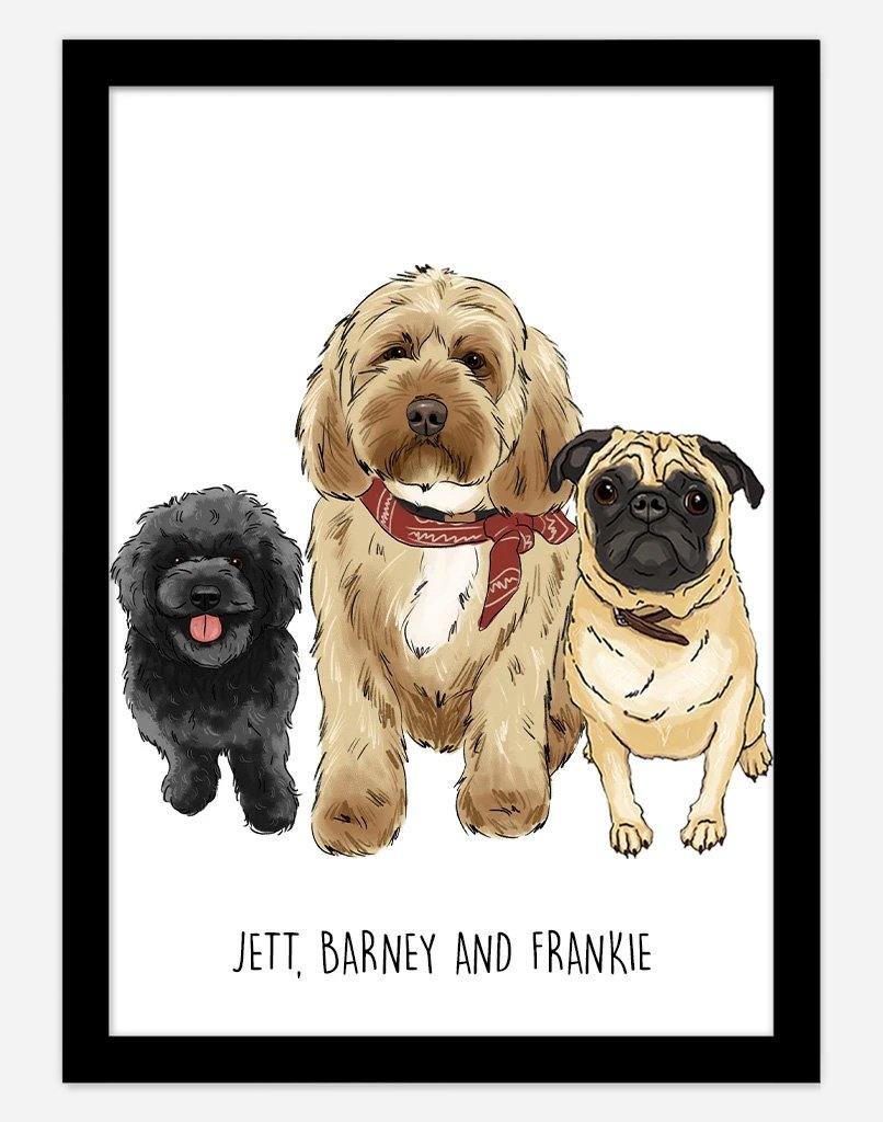 Custom Pet Portrait - Doodle Style - A4 - Black Frame - Three Australia