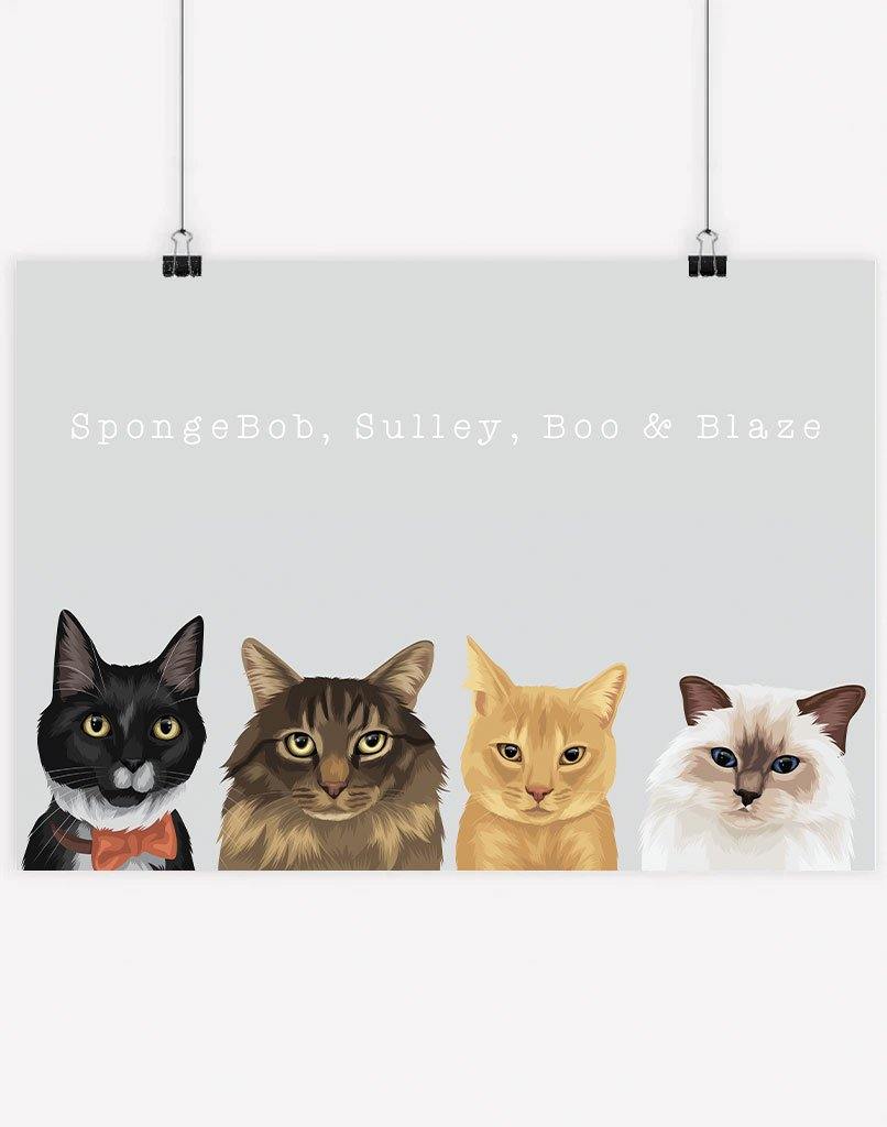 Custom Pet Portrait - Four Pet Portrait - A3 - Unframed - Australia