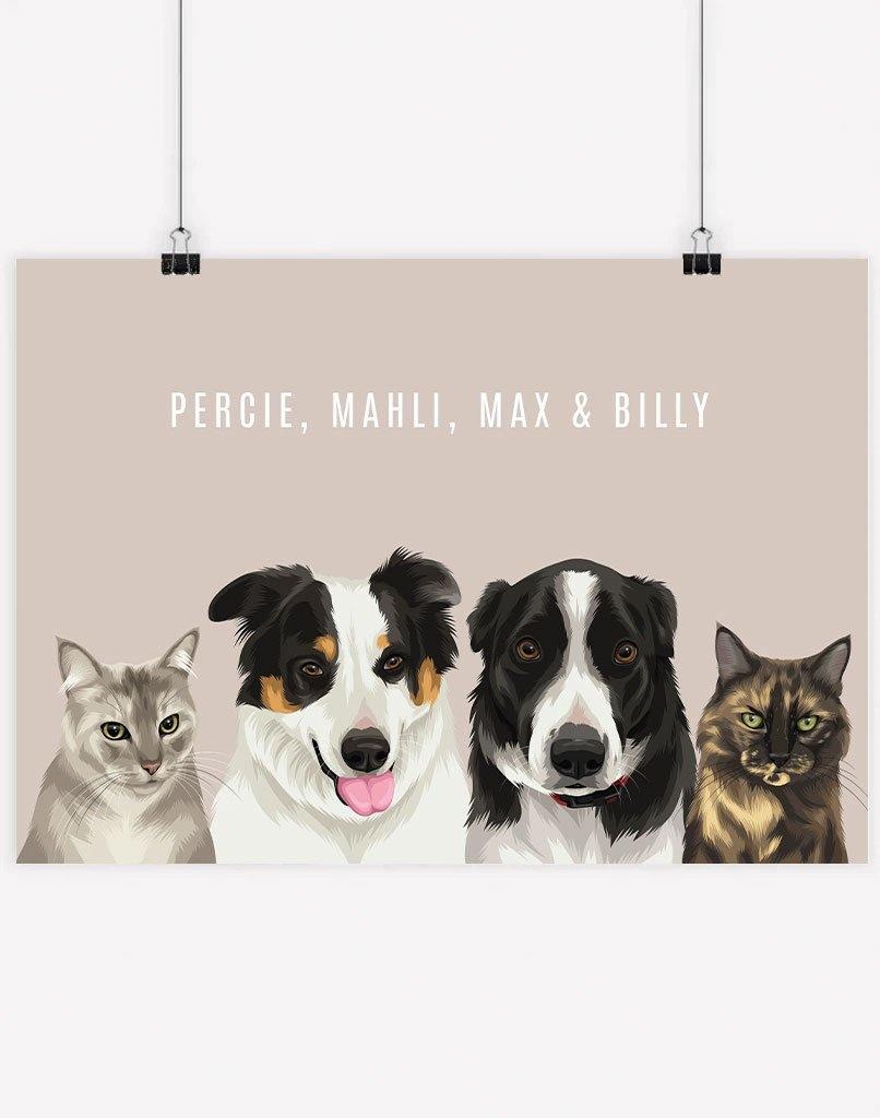Custom Pet Portrait - Four Pet Portrait - A3 - Unframed - Australia